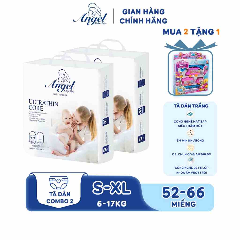 [Mã BMLTB35 giảm đến 35K đơn 99K] COMBO 2 Tã Dán ANGEL Ultrathin Core Size S66-M60-L56-XL52