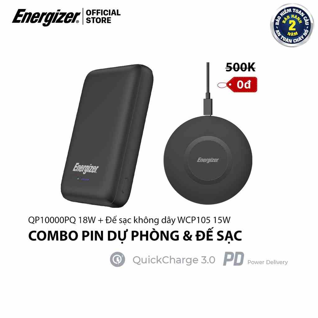 Combo sạc dự phòng không dây Energizer 10,000mAh QP10000PQ và đế sạc không dây WCP105 kèm cáp Micro USB