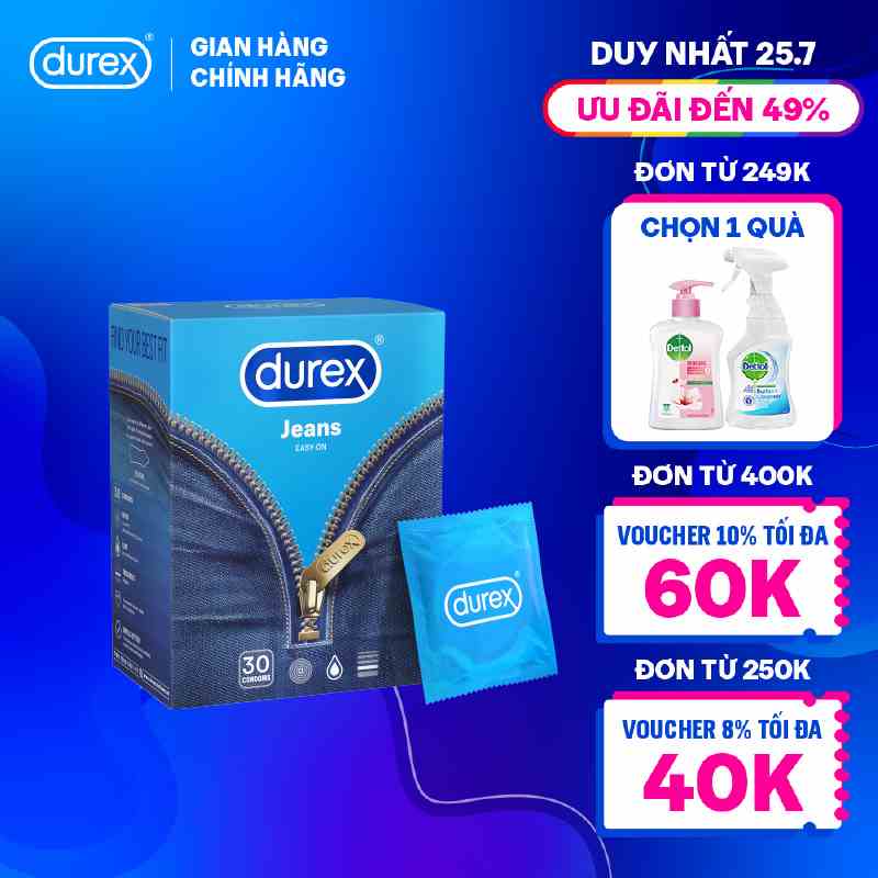 [ ĐỘC QUYỀN] Bao cao su Durex Jeans cơ bản, bôi trơn, size 52.5mm, hộp 30 bao