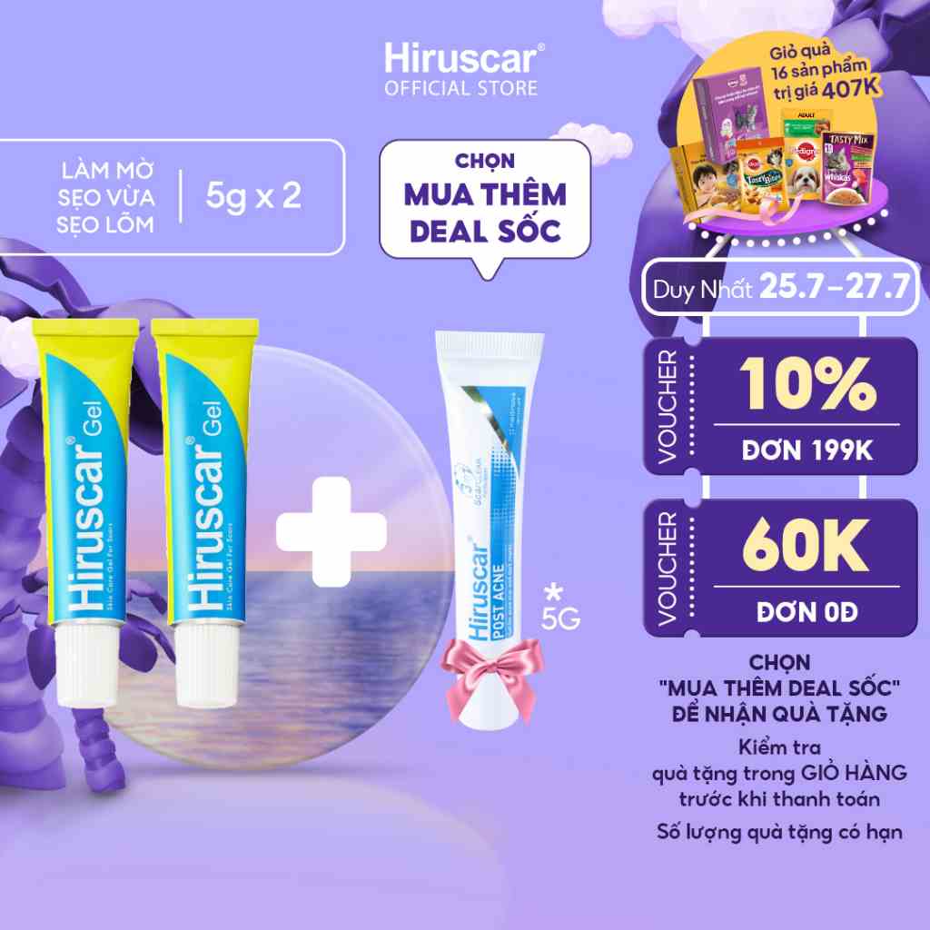 Bộ 2 Gel Hiruscar cải thiện sẹo vừa, sẹo lõm, sẹo thâm Hiruscar 5g/hộp