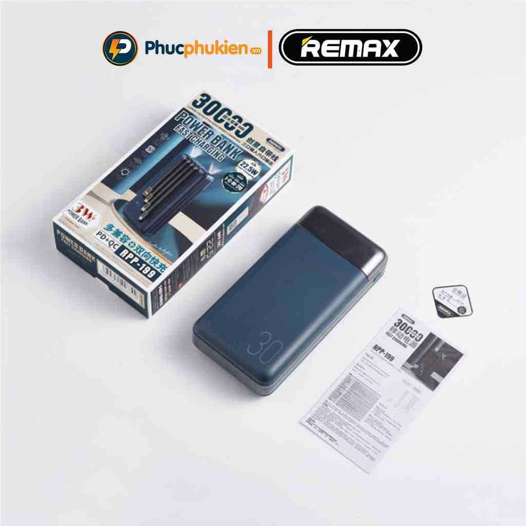 Sạc dự phòng 30000mah chính hãng Remax RPP 199 tích hợp dây sạc nhanh hỗ trợ sạc nhanh PD 20w và QC 3.0 - Phúc Phụ Kiện