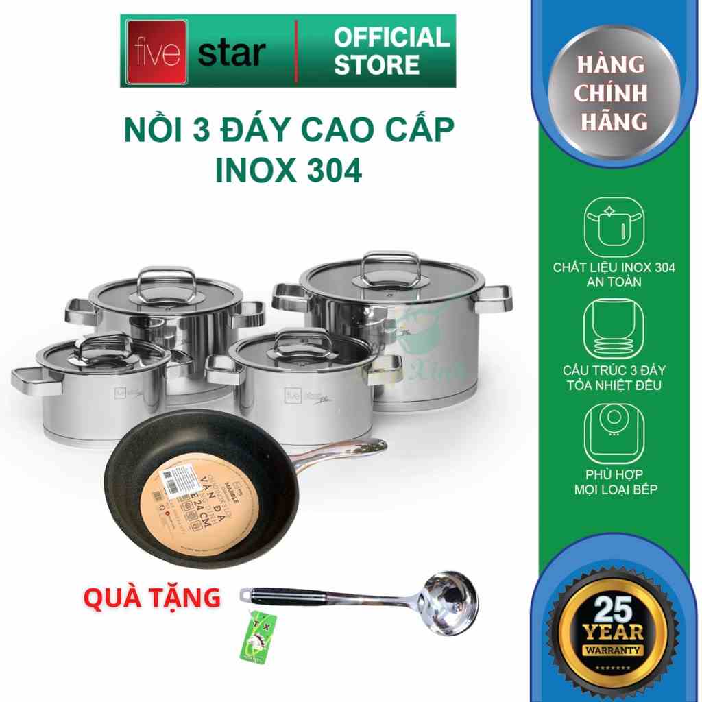 Bộ nồi và chảo chống dính vân đá inox 304 cao cấp Fivestar Plus 5 món nắp kính