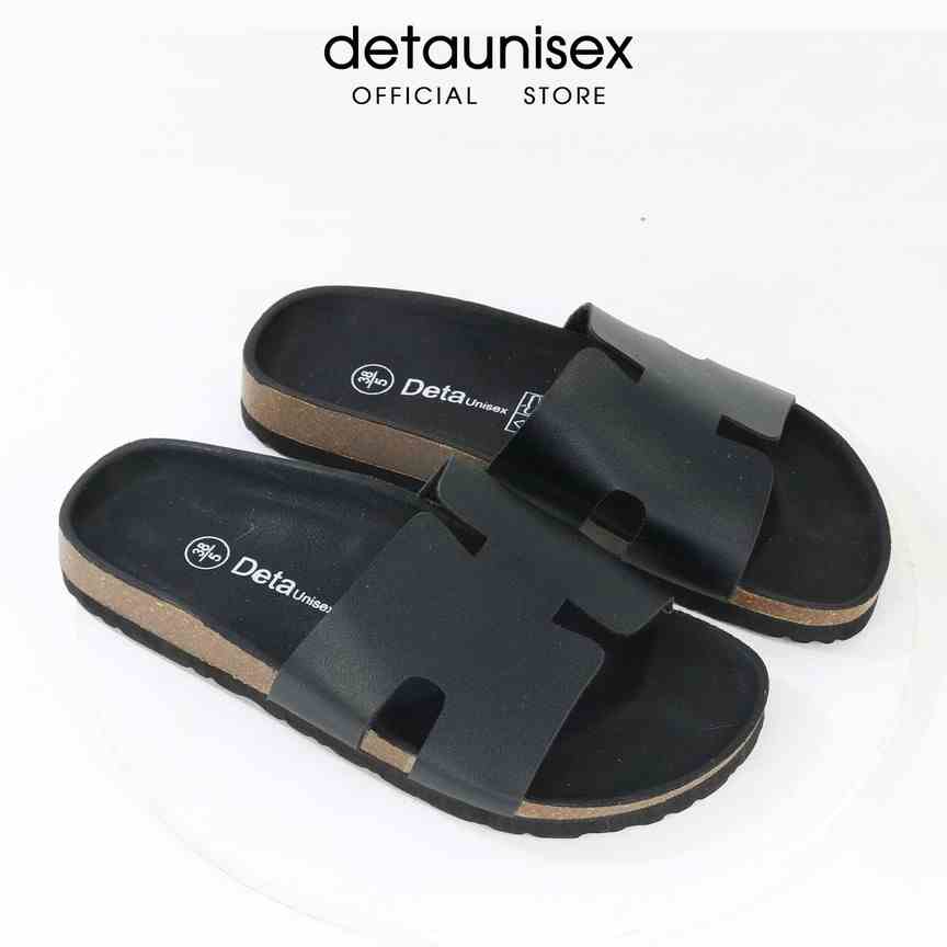 Dép Birken đế trấu chữ H nam nữ phong cách Detaunisex màu Đen lót Đen - DETA14F