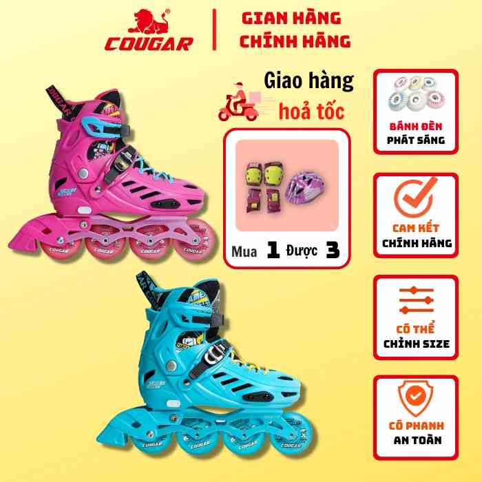 Giày Patin Trẻ Em Cougar 313, Tặng Kèm Mũ và Bảo Hộ, Có 8 Bánh Đèn Phát Sáng, Có Thể Chỉnh Được Chế Độ Bánh