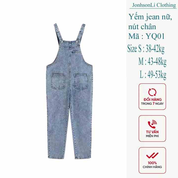 Quần yếm jean dài trơn JohnsonLi, vải denim mềm mịn, không co giãn, JL04