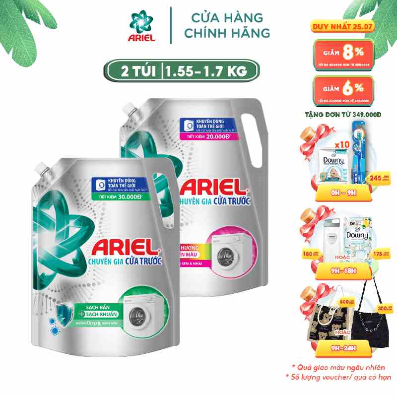 Combo 2 Túi Nước Giặt Ariel Cửa Trước Nhiều Mùi Hương Túi 1.7kg/1.55kg