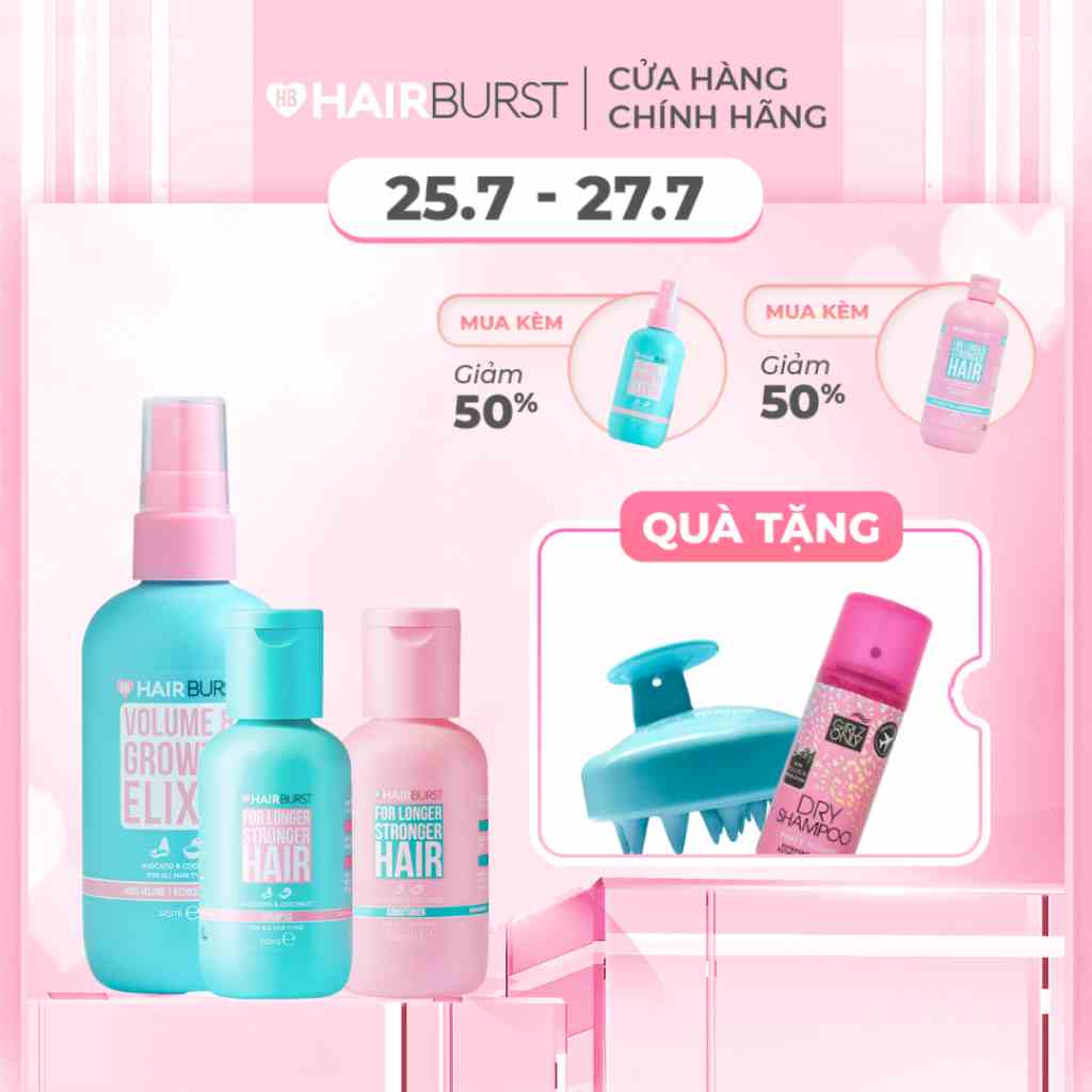 Combo Hairburst travel set gội xả 60ml/chai + xịt dưỡng tóc 125ml/chai