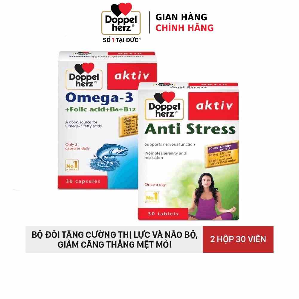 Bộ đôi tăng cường trí lực, giảm căng thẳng Doppelherz Anti Stress và dầu cá Omega 3 (02 hộp, 30 viên/hộp)