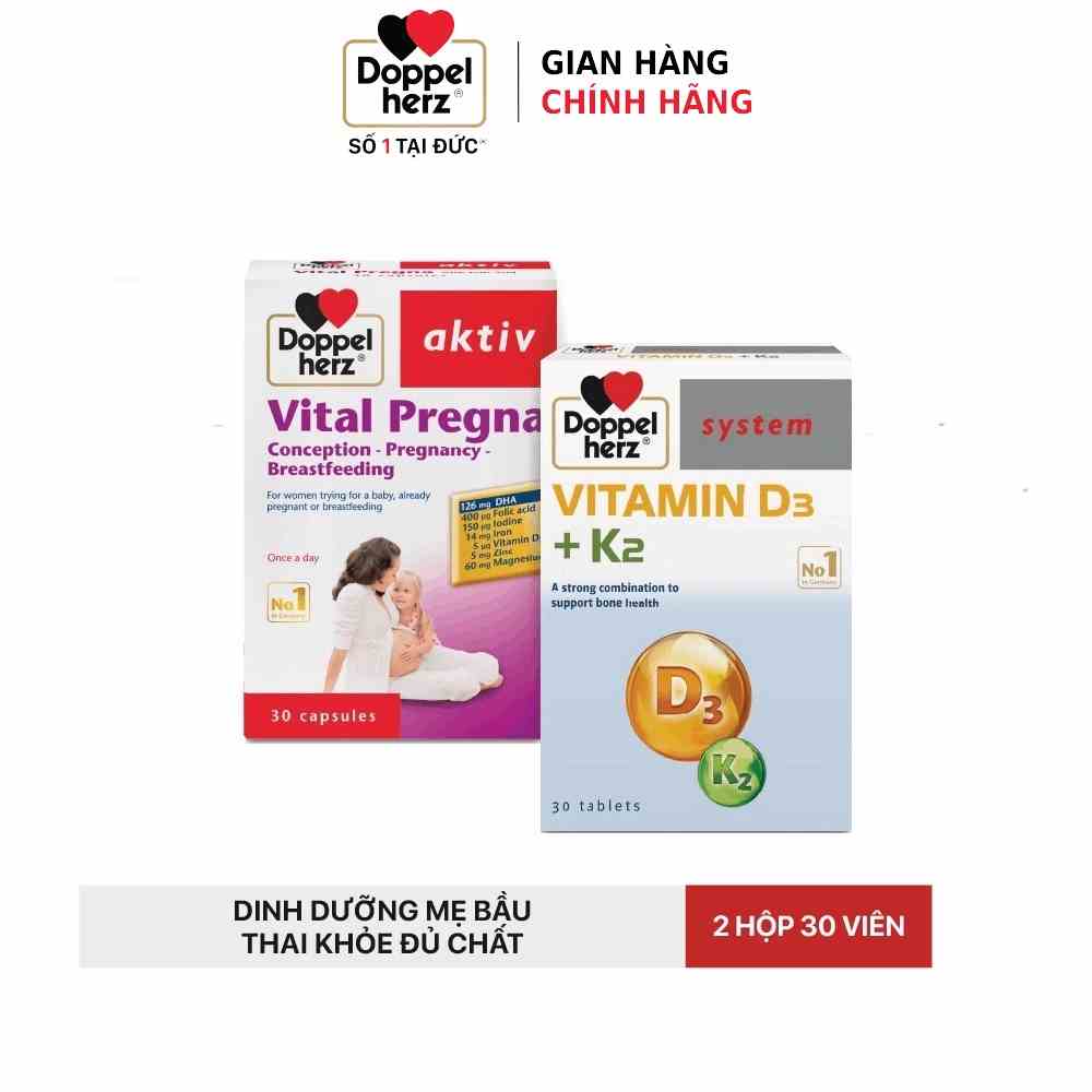 Bộ đôi dưỡng thai bổ sung Vitamin, tăng cường hấp thụ Canxi cho mẹ bầu Doppelherz Vital Pregna + K2 D3 (02 hộp 30 viên)