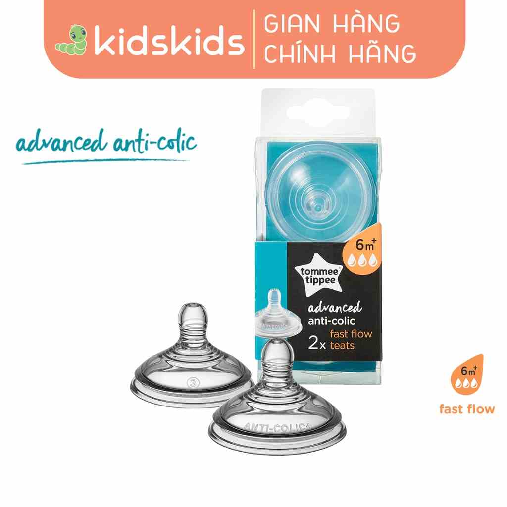 Núm ty silicon thay bình sữa Tommee Tippee Advanced Anti-Colic Fast Flow từ 6 tháng (vỉ đôi)