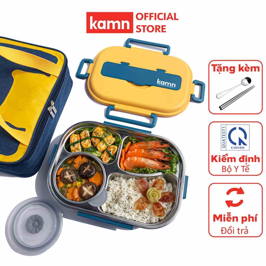 Hộp cơm giữ nhiệt văn phòng Yummy Kamn inox 304 - 1500ml, 4 ngăn chống tràn, 4 màu hiện đại, hâm nóng đơn giản