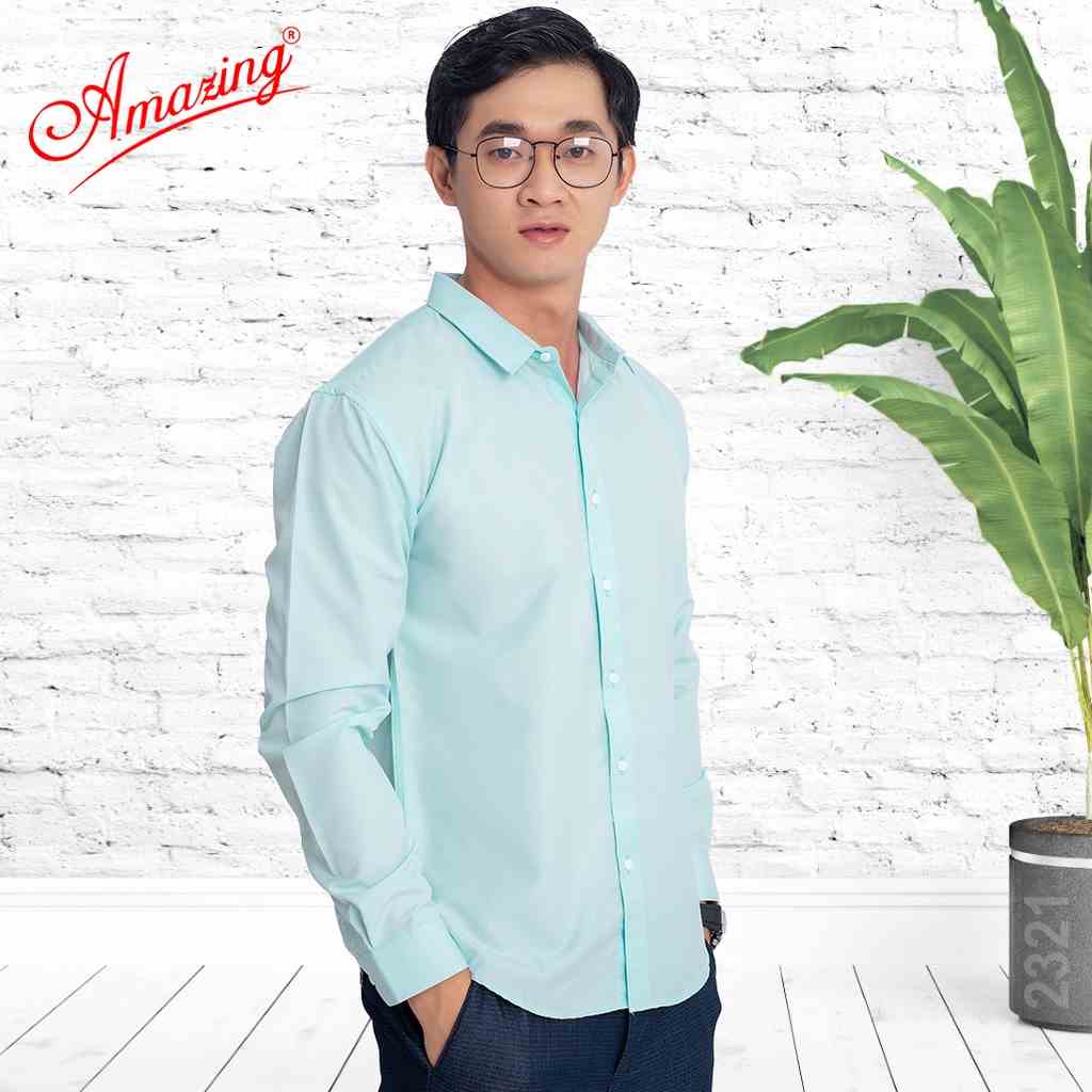 Áo somi nam màu xanh ngọc tay dài, style Hàn Quốc, không túi, vải Bamboo nhẹ mát, hiệu Amazing