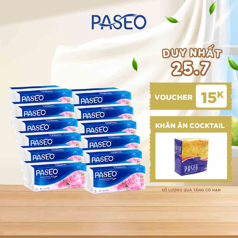 Combo 12 gói khăn giấy rút cao cấp Paseo siêu mềm mại (250 tờ 2 lớp)/gói