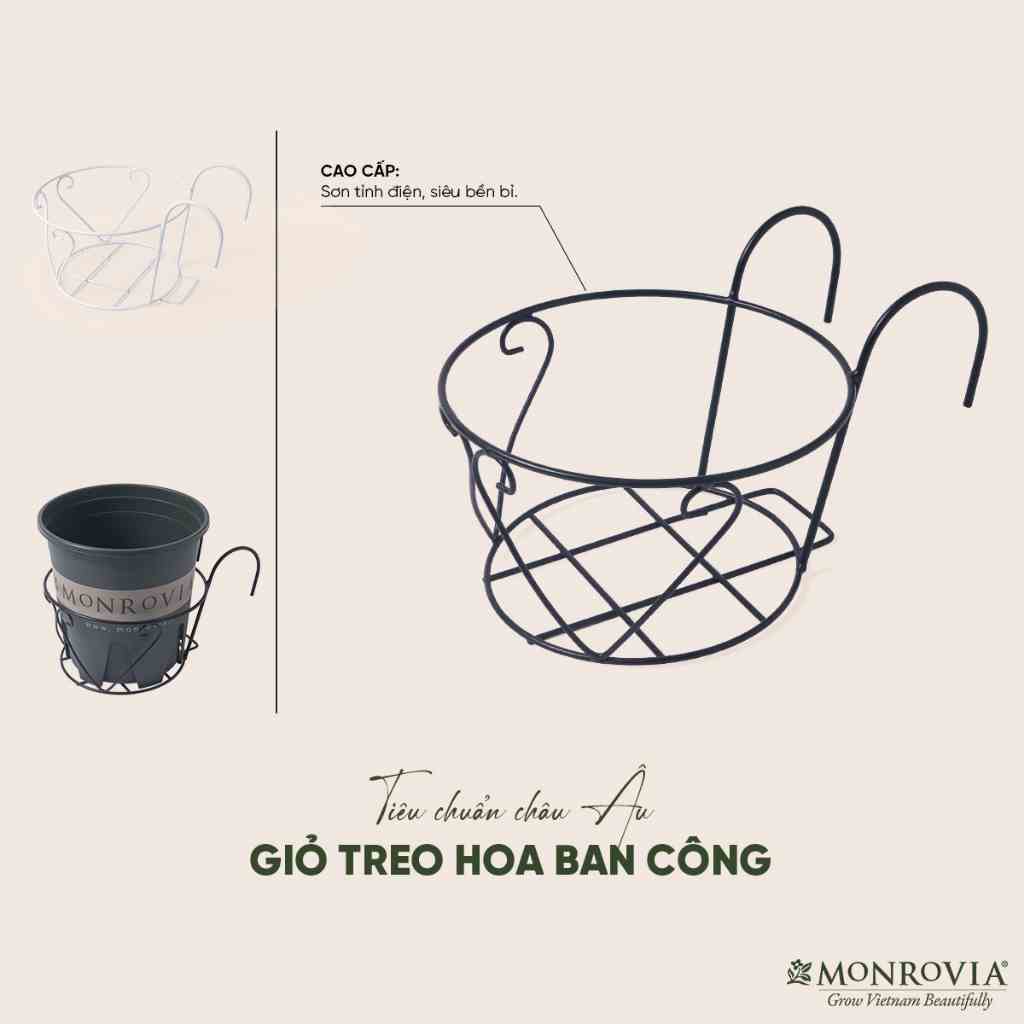 Giỏ treo hoa ban công MONROVIA, treo chậu trồng cây, chậu hoa, khung thép siêu bền, sơn tĩnh điện, size lớn 22 cm