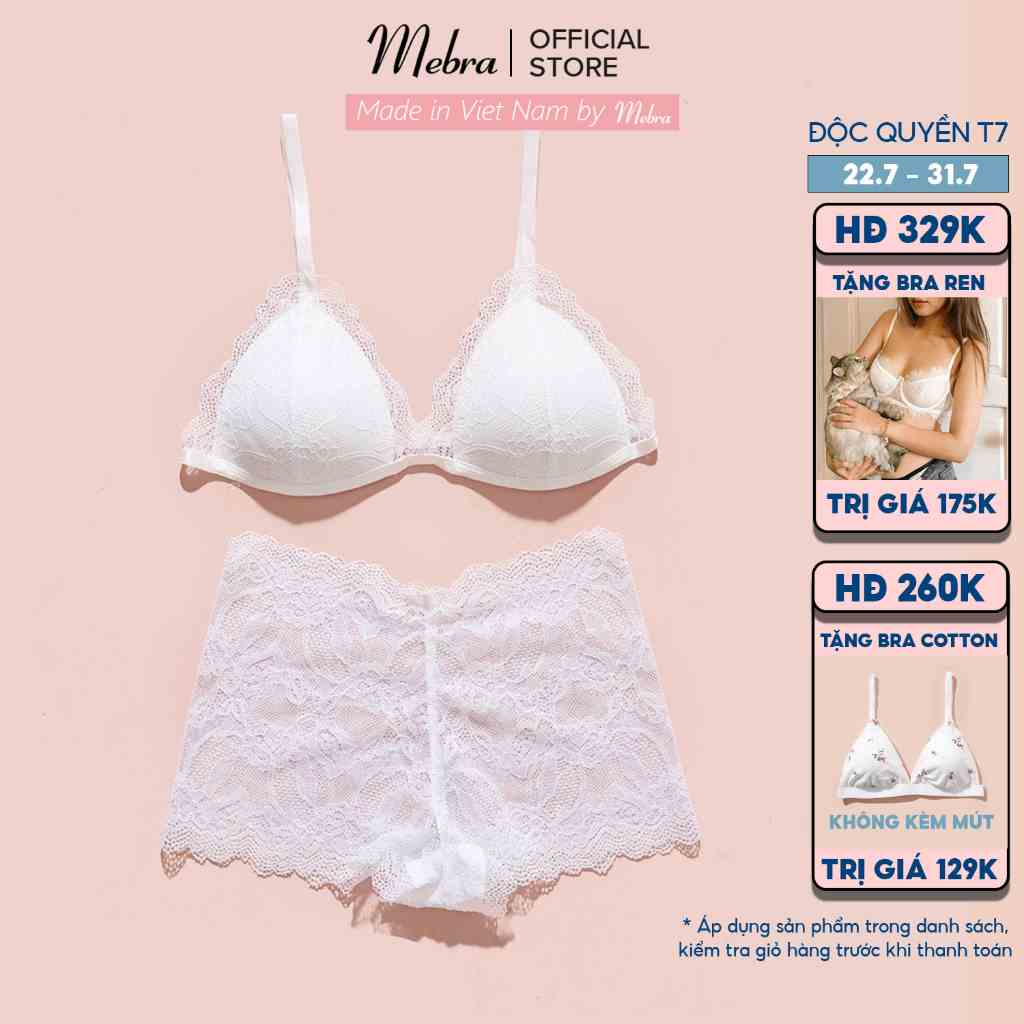 Set đồ lót bralette ren trắng không gọng mút mỏng quần boxer có tăng đơ 4 chiều thương hiệu Mebra A023+Q036