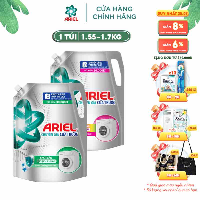 Nước Giặt ARIEL Iron Chuyên Gia Cửa Trước Mới: Hương Downy Nắng Sớm Túi 1.7KG/ Hoa Sen Và Hoa Nhài Túi 1.55KG