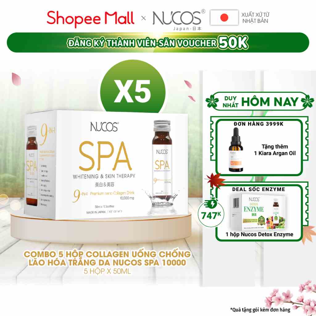 Combo 5 hộp nước uống collagen chống lão hóa trắng da Nucos Spa 10000 50ml x 5 x 10 chai