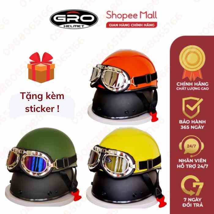 Mũ bảo hiểm phượt nửa đầu Amby Helmet trơn (có kính UV, kính phi công)