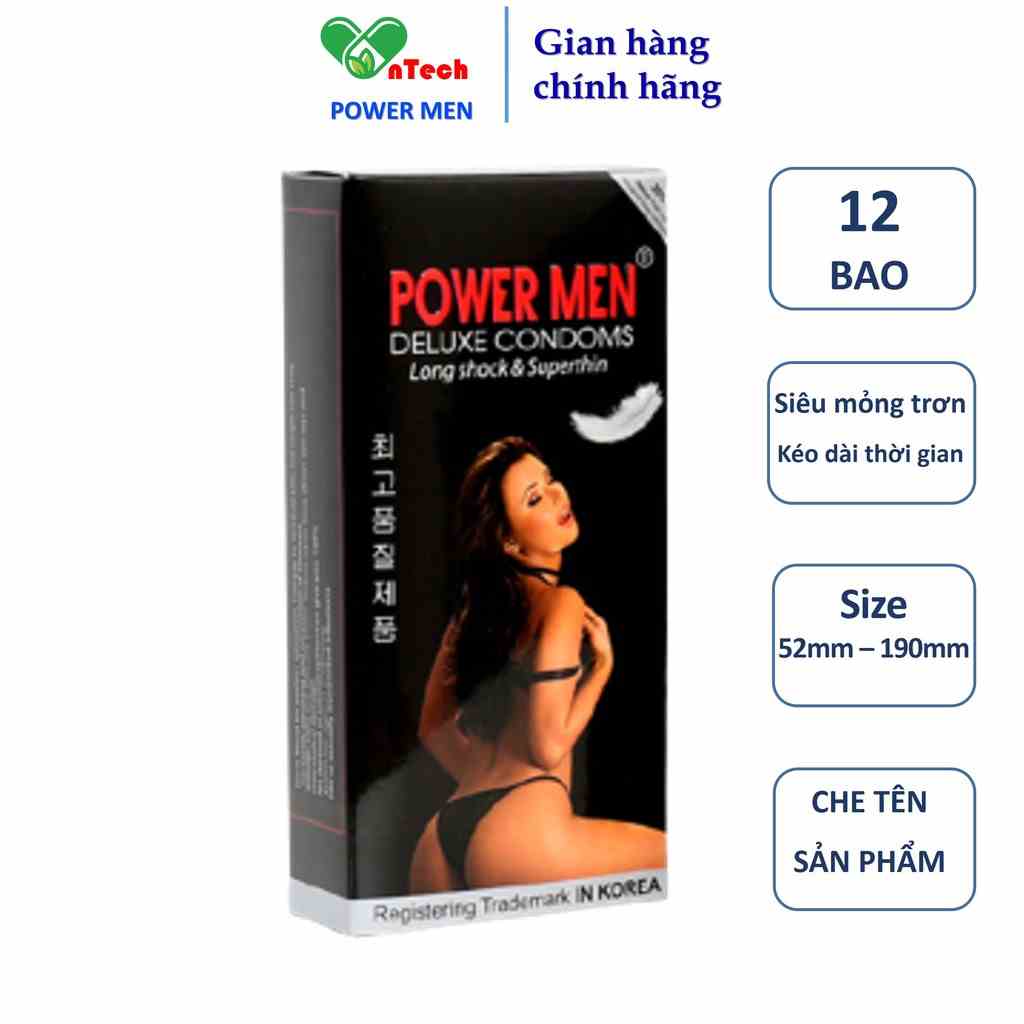 Bao cao su POWERMEN SUPERTHIN siêu mỏng nhiều gel bôi trơn chứa 5% benzocain kéo dài thời gian hộp 12 chiếc