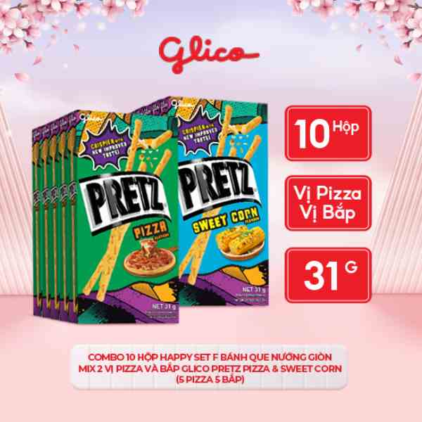 Combo 10 hộp Happy Set F Bánh que nướng giòn mix 2 vị pizza và bắp GLICO Pretz Pizza & Sweet Corn  (5 pizza 5 bắp)