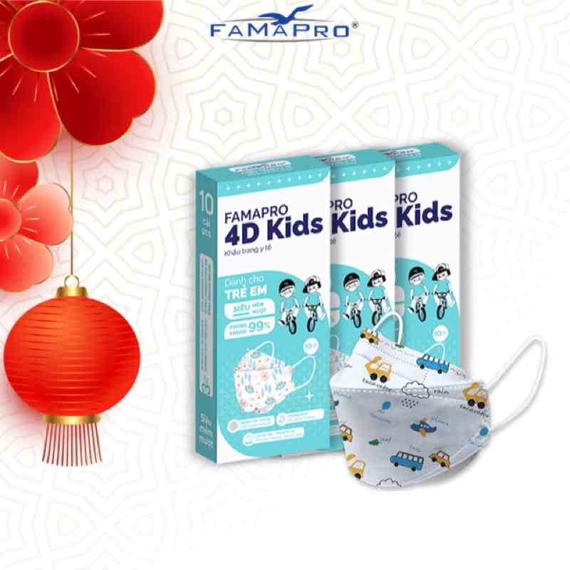 [4D MASK KIDS (KF94)- COMBO 3- HỘP 10 CÁI] Khẩu trang y tế cao cấp trẻ em kháng khuẩn 3 lớp Famapro 4D Kids