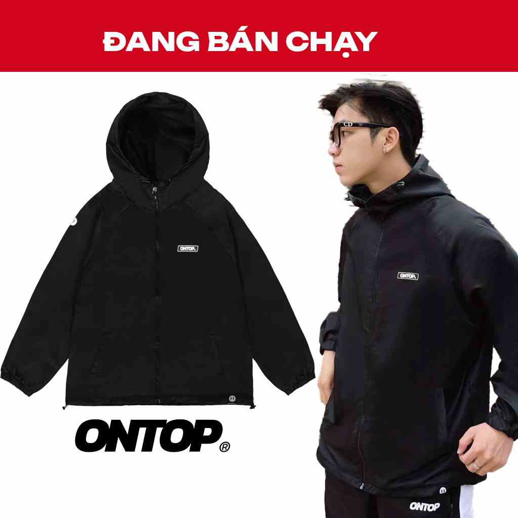 Áo khoác dù local brand nam nữ 2 lớp màu đen, có nón ONTOP Rubber Tag Jacket O15-AK5