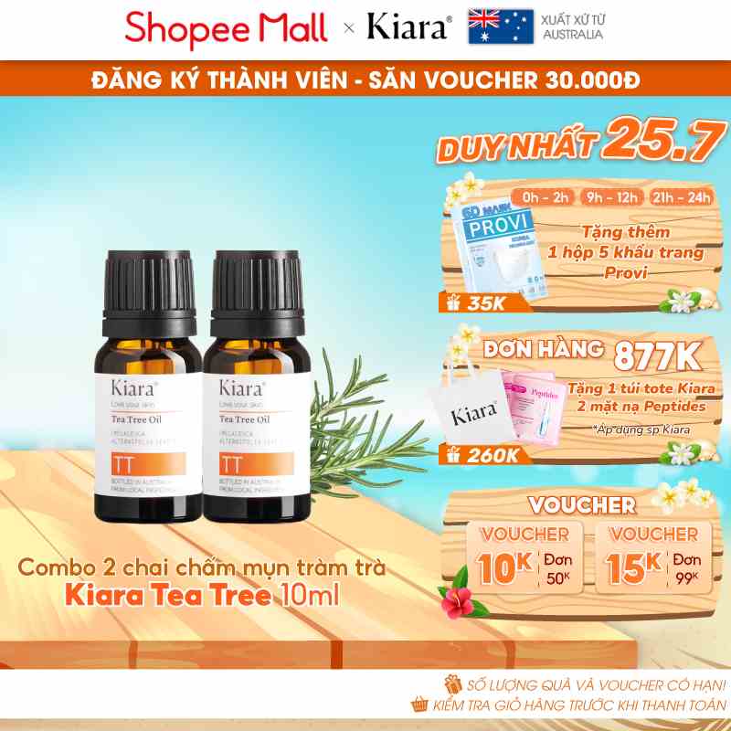 Combo 2 chai tinh dầu tràm trà chấm mụn giảm mụn Kiara Tea Tree Oil 2 x 10ml