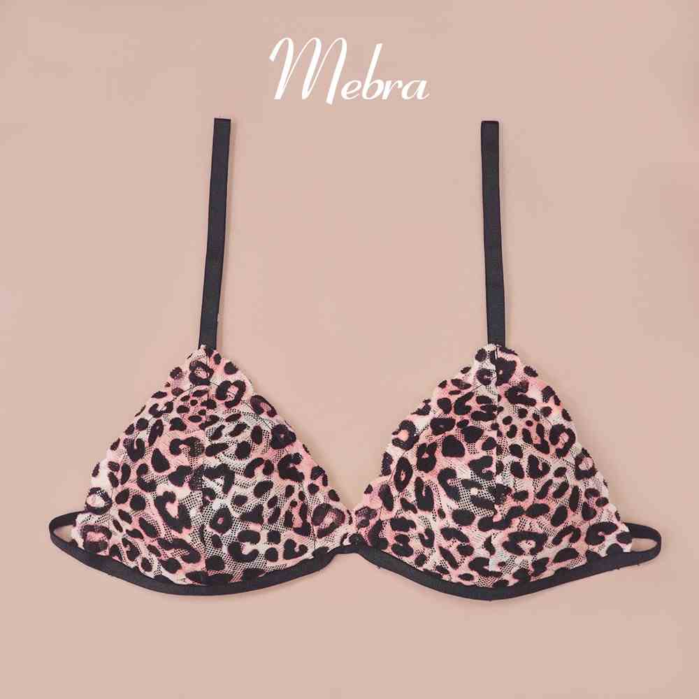 Áo bralette ren không gọng mút mỏng hoạ tiết da beo hồng thiết kế mởi Mebra A016