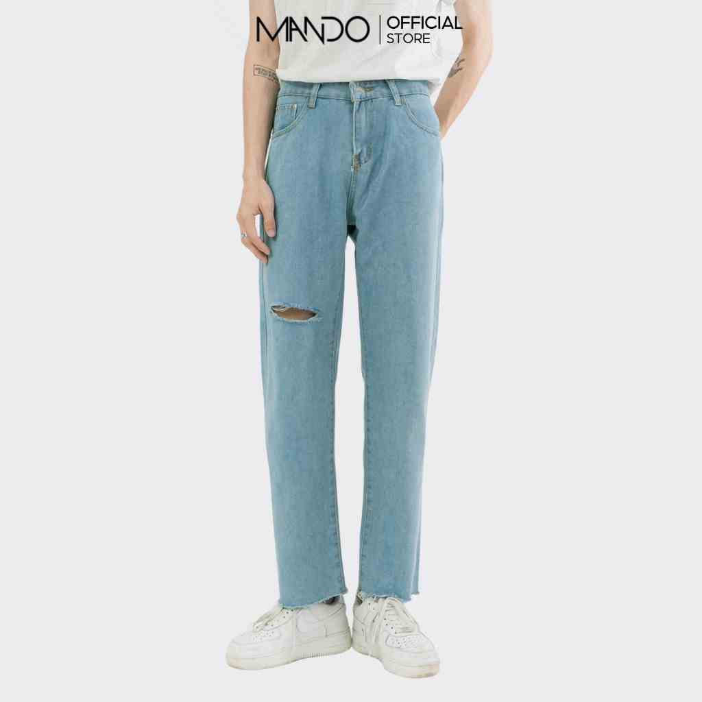 Quần Jean Nam Rách Gối MANDO Vải Bò Cao Cấp 2 Màu Xanh Đen Form Suông Rộng Basic Unisex Thời Trang Hàn Quốc QJN056