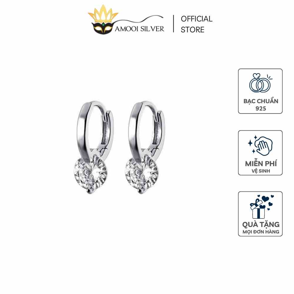 Bông tai bạc S925 khoen tròn 1 viên đá đường kính 10mm - Amooi Silver AB181