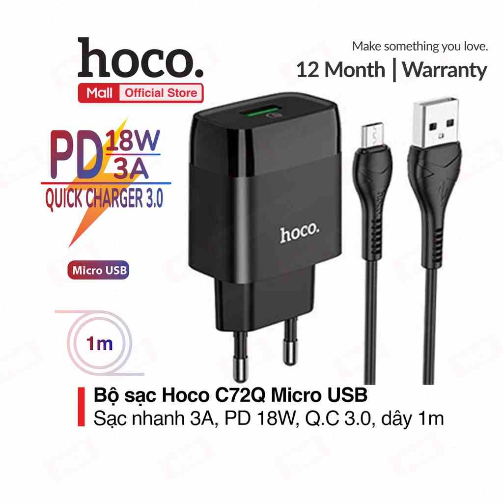 Bộ sạc Hoco C72Q MIcro USB, hỗ trợ sạc nhanh 3A, PD 18W, tương thích với nhiều thiết bị điện thoại Samsung/Xiaomi/Oppo,.