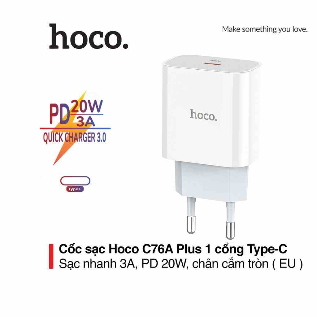 Củ sạc nhanh 3A/ PD20W Hoco C76A Plus chuôi tròn vật liệu chống cháy 1 cổng Type-C dành cho mọi thiết bị