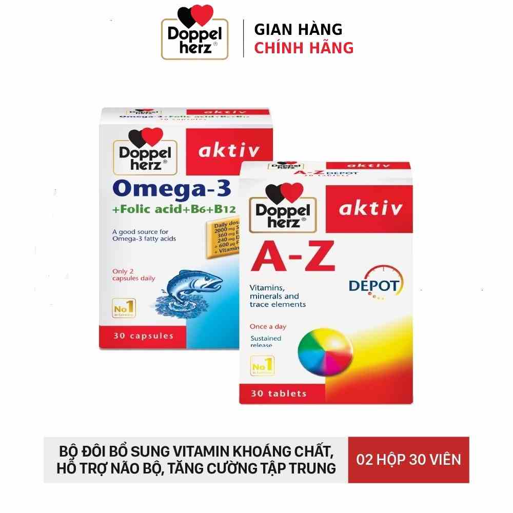 Bộ đôi bổ sung Vitamin khoáng chất và dầu cá Doppelherz Omega 3 + Doppelherz A Z Depot  (02 hộp, 30 viên/hộp)