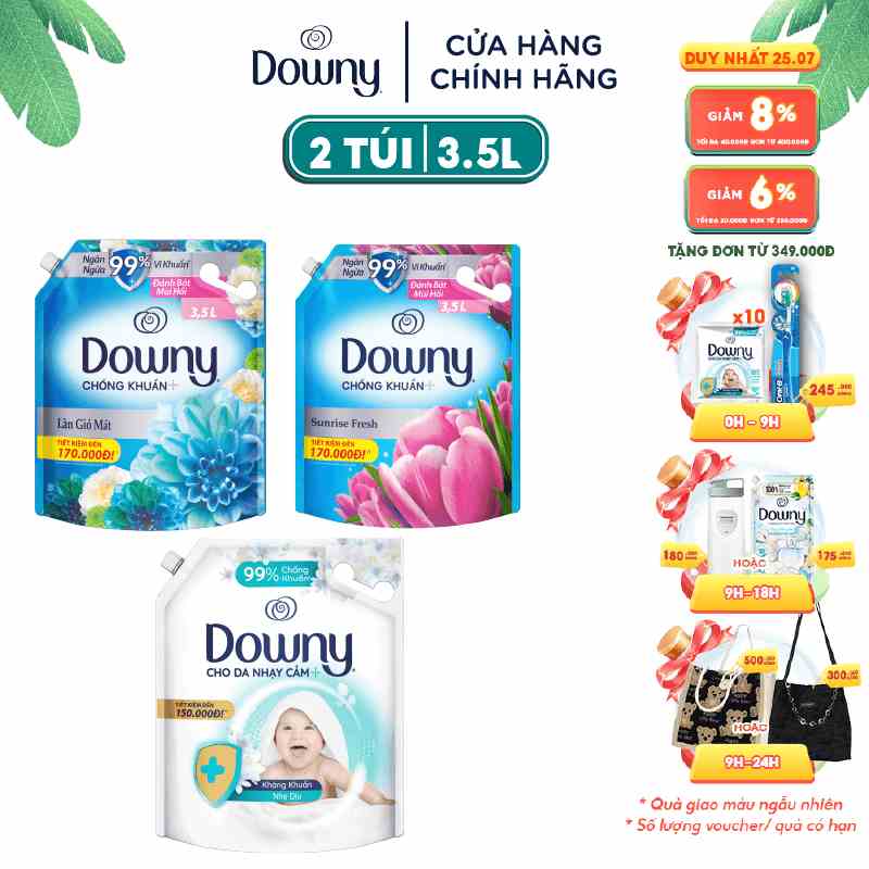 Combo 2 Nước Xả Vải DOWNY Làn Gió Mát 3.5L/ Hương Nắng Mai 3.5L/ Kháng Khuẩn Dịu Nhẹ 3.5L