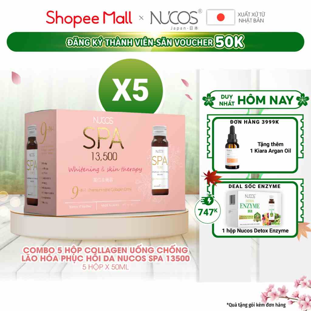 Combo 5 hộp nước uống collagen chống lão hóa phục hồi da Nucos Spa 13500 50ml x 5 x 10 chai