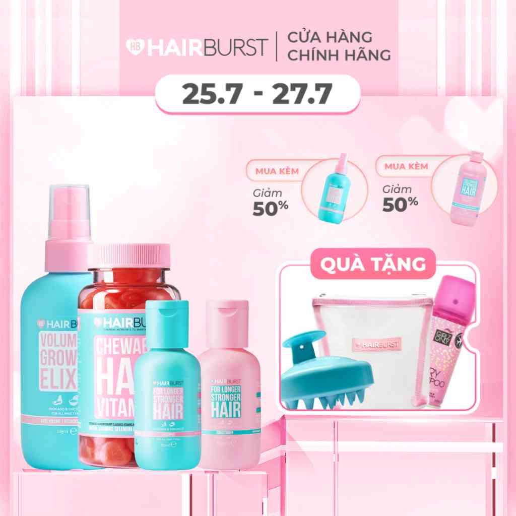 Combo chăm sóc tóc set gội xả travel + xịt dưỡng + kẹo dẻo Hairburst 60ml/chai + 125ml + 60 viên