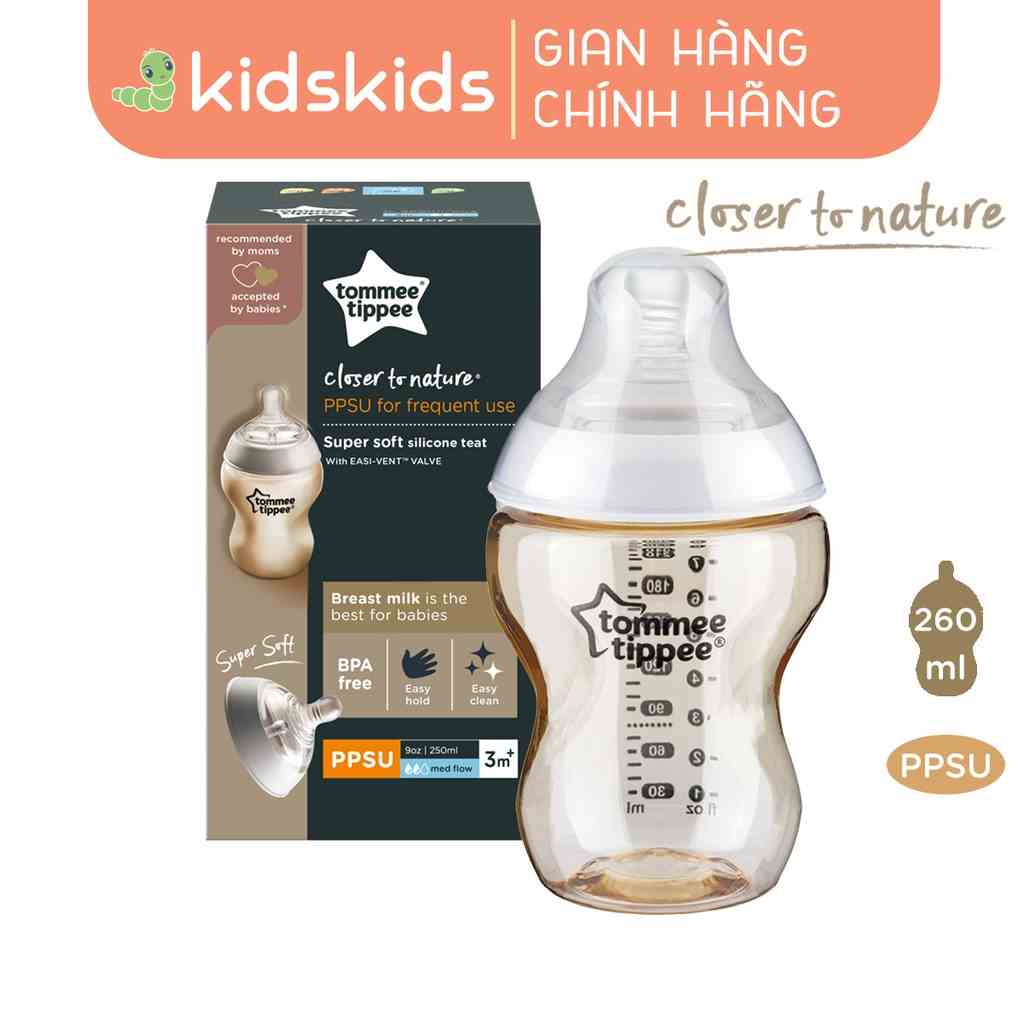 Bình sữa PPSU ty siêu mềm tự nhiên Tommee Tippee Closer to Nature 260ml, núm ty đi kèm 3-6 tháng