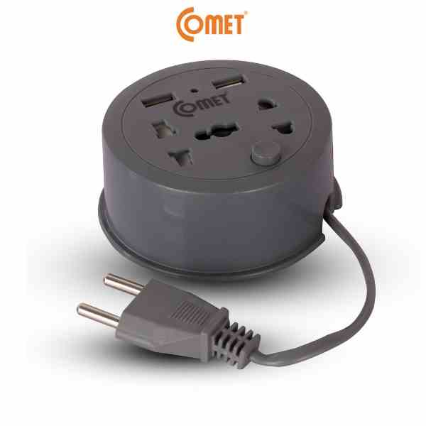 Ổ Cắm Điện Du Lịch COMET CES9111 Dây Quay Tròn Dài 1M, 2 Ổ USB, 1 Ổ 3 Chấu, 1 Ổ 2 Chấu