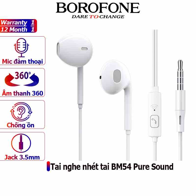 Tai nghe nhét tai BOROFONE BM54 chống ồn, nghe hay có mic đàm thoại, dây dài 1.2m, Jack cắm 3.5mm - Chính hãng