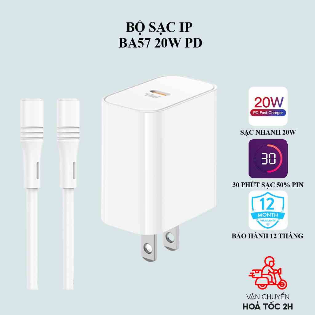 Sạc iPhone Borofone BA57 20W : Củ sạc nhanh 20W PD và dây sạc type-C to lightning tương thích iPhone 13,12,11,X,8,7,6