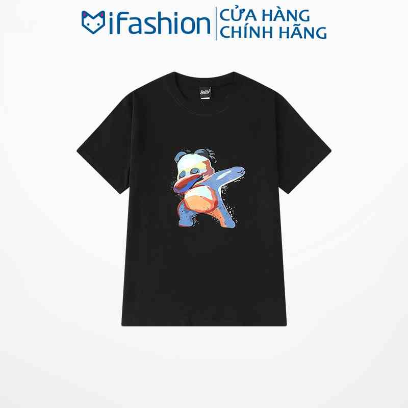 Áo thun tay lỡ IFASHION 100% cotton dáng unisex form rộng in hình gấu trúc nhảy múa N060