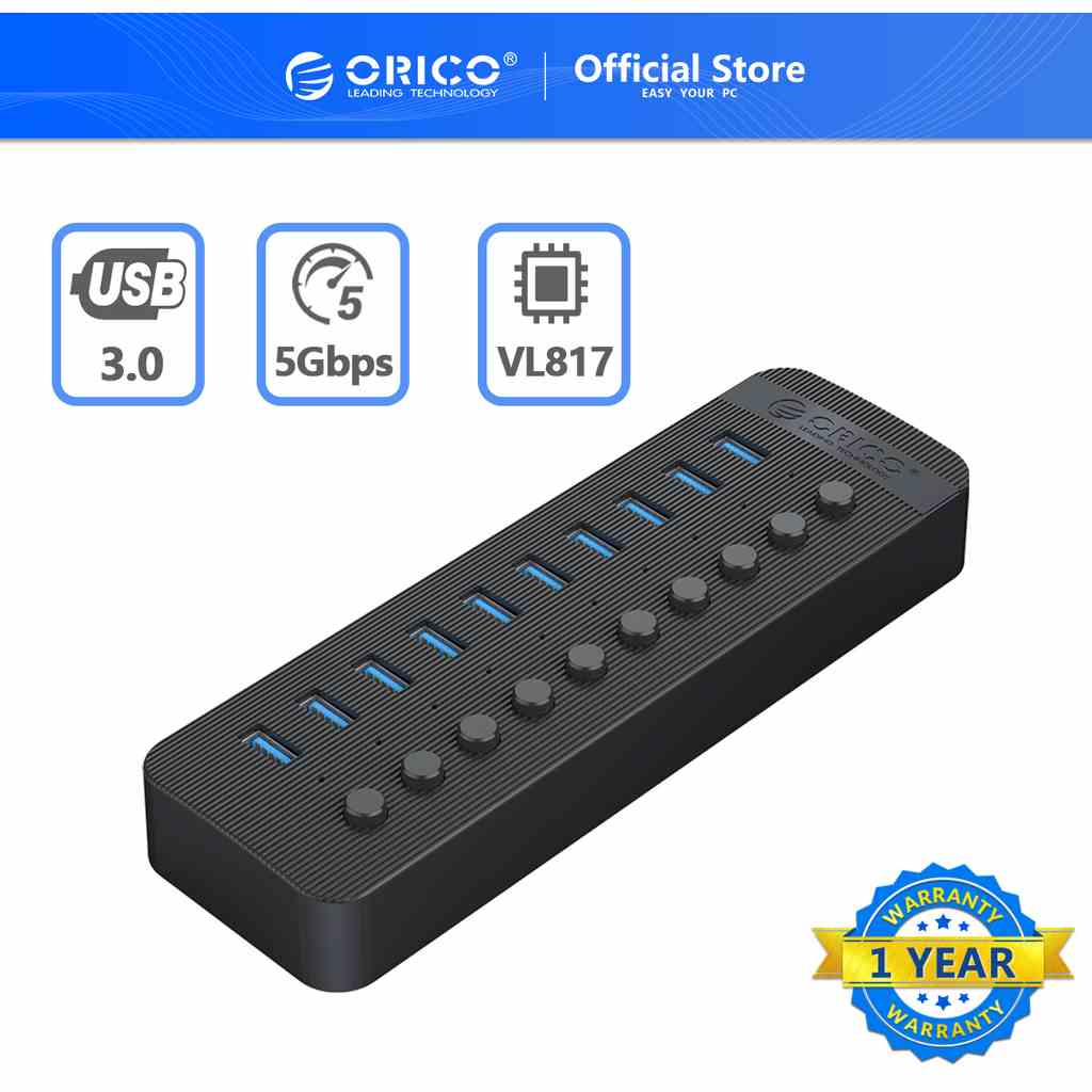 Hub Chuyển Đổi Sạc ORICO CT2U3 USB 3.0 7/10/13/16 Cổng OTG Bằng ABS Nguồn Điện 12V Có Công Tắc Bật Tắt Cho Máy Tính