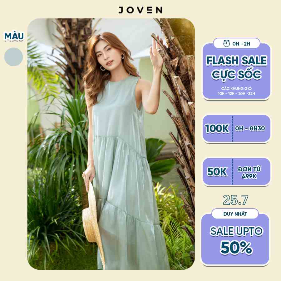 Đầm maxi xanh mint sang chảnh lụa organza cao cấp JOVEN, thiết kế tầng xòe suông dáng dài, đi biển đi cafe dạo phố