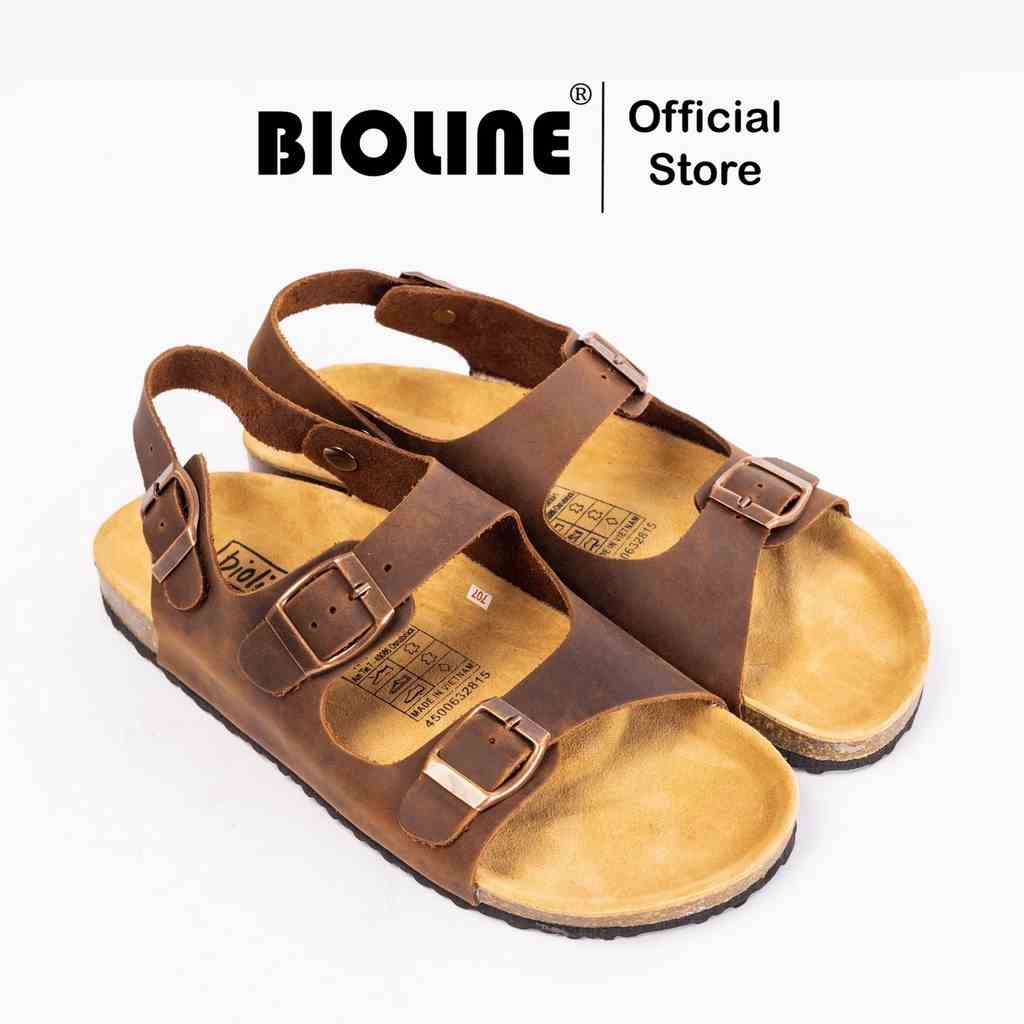 ( Mẫu Da Thật ) D02 - Sandal Birken Đế Trấu BIOLINE Official Thiết Kế Unisex Hai Quai Ngang Da Bò