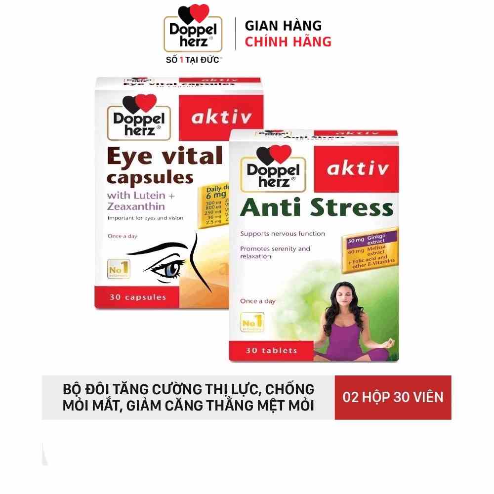 Bộ đôi tăng cường thị lực, giảm căng thẳng mệt mỏi Doppelherz Anti Stress và Eye Vital  (02 hộp, 30 viên/hộp)