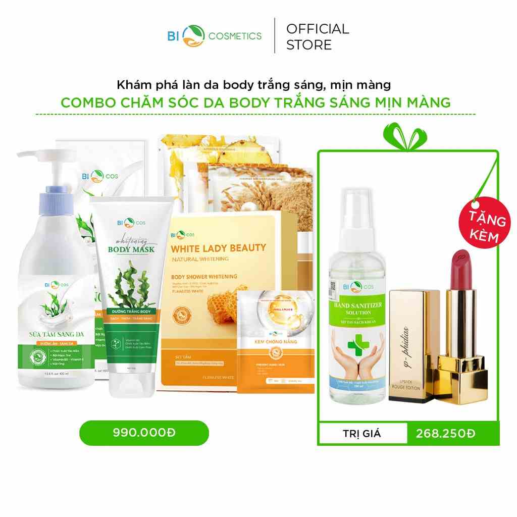 Combo Chăm Sóc Da Body Trắng Sáng Mịn Màng BIOCOS ( Bộ 3 Sản Phẩm) Tặng Son Phidias + Xịt khuẩn 100ml