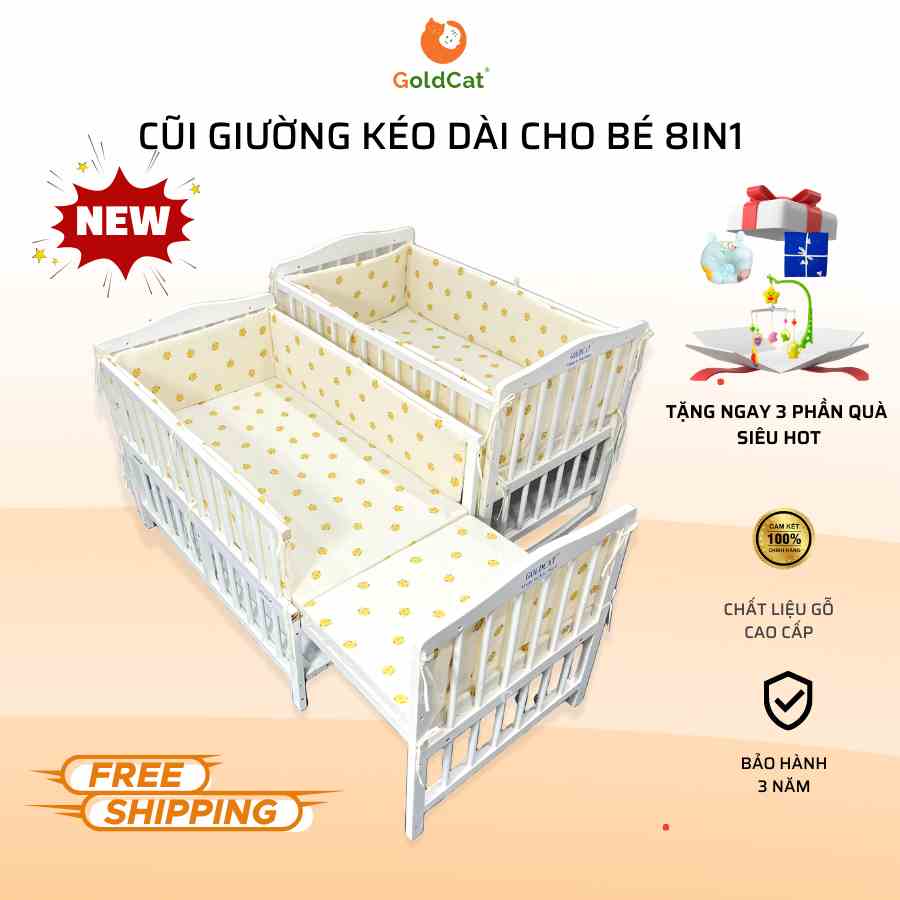 Nôi Cũi Đa Năng 8 Chế Độ GOLDCAT Kéo Dài Thành Giường Cho Trẻ từ 0-10 tuổi, Chất Liệu Gỗ Quế Tự Nhiên, An Toàn Cho Bé