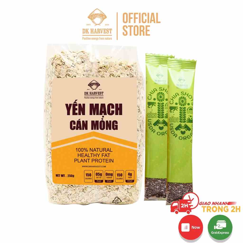 COMBO TIẾT KIỆM - 500g Yến Mạch Cán Dẹt Nguyên Chất + 2 Shot chia Hữu cơ (6g/1shot) DK Harvest ( Yến Mạch Giảm Cân)