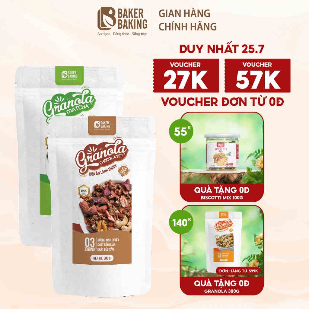 Combo hai hũ ngũ cốc ăn kiêng Baker Baking Granola không đường hỗ trợ giảm cân dành cho người ăn kiêng, tiểu đường 500g