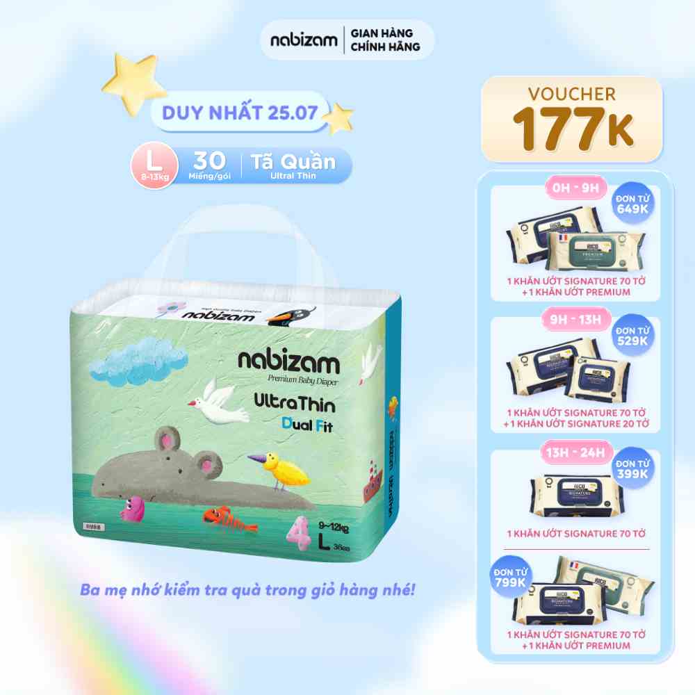 Tã/Bỉm Quần Nabizam Ultra Thin Nội Địa Hàn Cao Cấp Size L Cho Bé Từ 8-13kg, 30 miếng